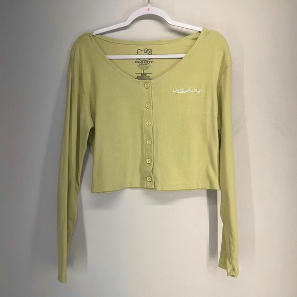 Hello Kitty Ribbed Button Down Cardigan Top Womens Large Lime Green Cropped LS - Picture 1 of 7